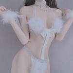 White cat girl flirts with heartstrings sexy Plush three-point underwear suit sexy clothes suspender